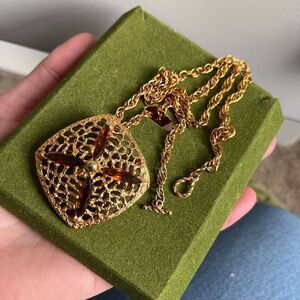 VTG SHP Inc Stanhome Gold Openwork Pendant Brooch Amber 25" Chain